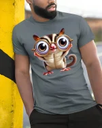 Cute Big Eyes Animal T-Shirt - Funny Nerdy Style Tee - model wearing grey tee, leaning on column