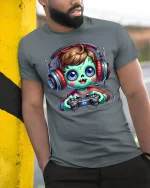 Cute Zombie Gamer T-Shirt - Funny Gaming Lovers Tee - model wearing grey tee, leaning on column