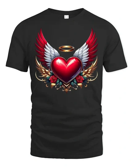 Angel Heart T-Shirt - Winged Love and Halo Graphic Tee - black t-shirt on white background