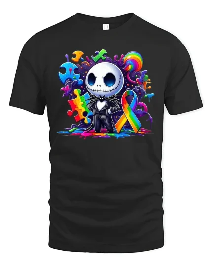 Autism Awareness T-Shirt - Colorful Puzzle Ribbon Art - black t-shirt on white background
