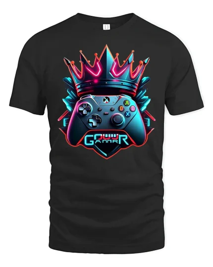 King Gamer T-Shirt - Neon Crown Controller Power Tee - black t-shirt on white background