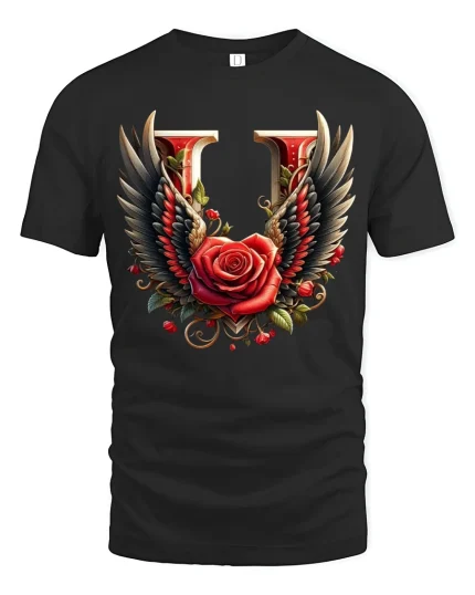 Winged Rose T-Shirt - Gothic Floral Art Heart Design - black t-shirt on white background