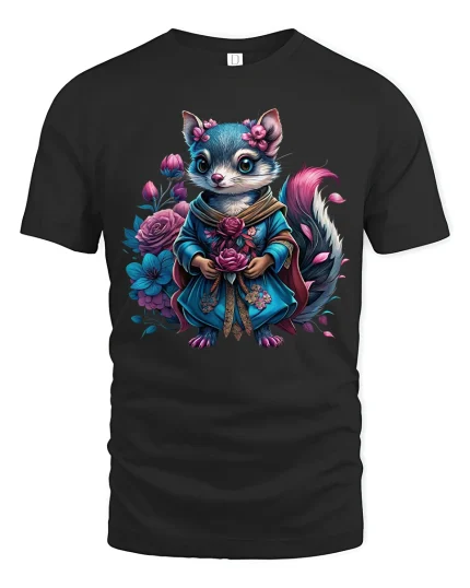 Floral Fox T-Shirt - Cute Fantasy Animal Art Tee - black t-shirt on white background