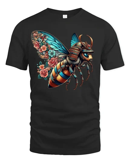 Samurai Bee T-Shirt - Floral Warrior Armor Art Tee - black t-shirt on white background