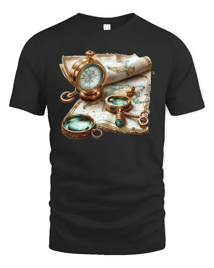 Vintage Explorer T-Shirt - Compass and Map Adventure Tee - black t-shirt on white background