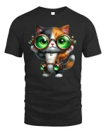 Steampunk Cat T-Shirt - Cute Green Goggles Kitty Tee - black t-shirt on white background