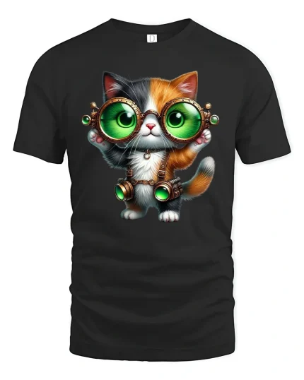 Steampunk Cat T-Shirt - Cute Green Goggles Kitty Tee - black t-shirt on white background