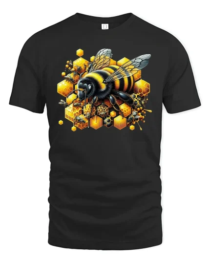 Honey Bee T-Shirt - Vibrant Hive Worker Bee Art Tee - black t-shirt on white background
