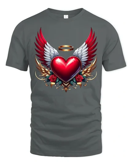 Angel Heart T-Shirt - Winged Love and Halo Graphic Tee - gray t-shirt on white background