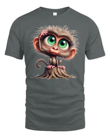Cute Big-Eyed Monkey T-Shirt - Funny Curious Animal Tee - gray t-shirt on white background