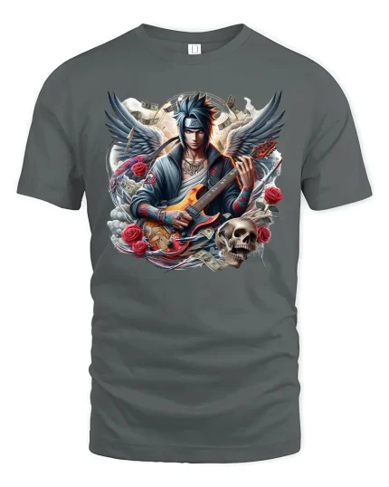 Anime Rock Angel T-Shirt - Guitar Hero Street Style - gray t-shirt on white background