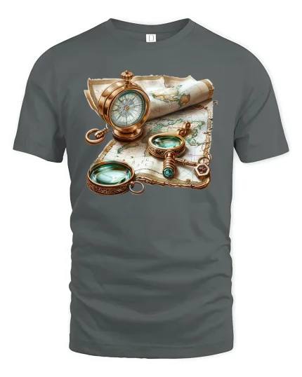 Vintage Explorer T-Shirt - Compass and Map Adventure Tee - gray t-shirt on white background