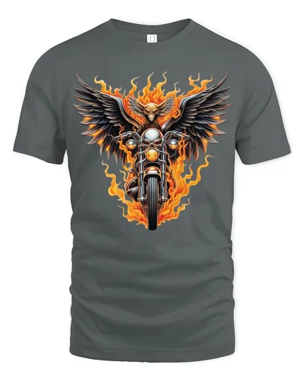 Flaming Eagle Motorcycle T-Shirt - Ride with Freedom - gray t-shirt on white background