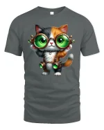 Steampunk Cat T-Shirt - Cute Green Goggles Kitty Tee - gray t-shirt on white background