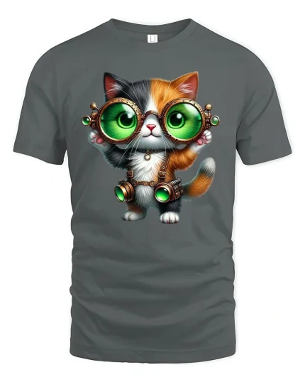 Steampunk Cat T-Shirt - Cute Green Goggles Kitty Tee - gray t-shirt on white background