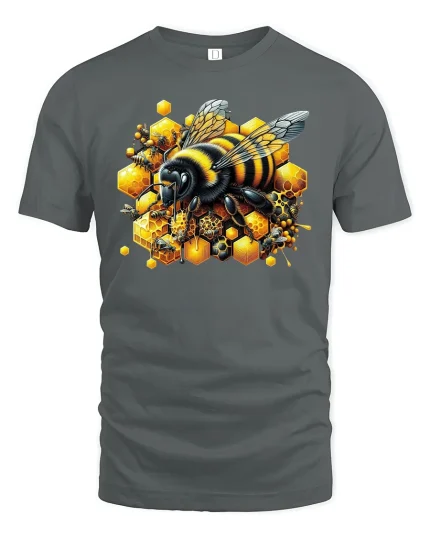 Honey Bee T-Shirt - Vibrant Hive Worker Bee Art Tee - gray t-shirt on white background