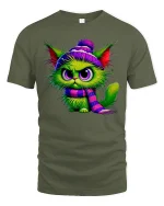 Grumpy Winter Cat T-Shirt - Funny Furry Chill Vibes - military green t-shirt on white background