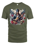 Anime Rock Angel T-Shirt - Guitar Hero Street Style - military green t-shirt on white background
