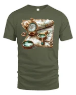 Vintage Explorer T-Shirt - Compass and Map Adventure Tee - military green t-shirt on white background