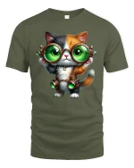 Steampunk Cat T-Shirt - Cute Green Goggles Kitty Tee - military green t-shirt on white background
