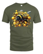 Honey Bee T-Shirt - Vibrant Hive Worker Bee Art Tee - military green t-shirt on white background