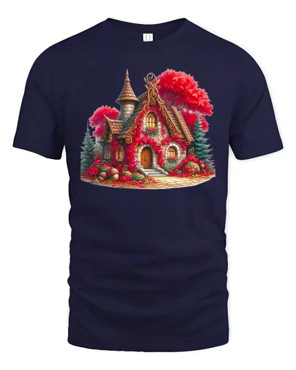 Autumn Cottage T-Shirt - Cozy Fall House Fantasy Tee - navy t-shirt on white background