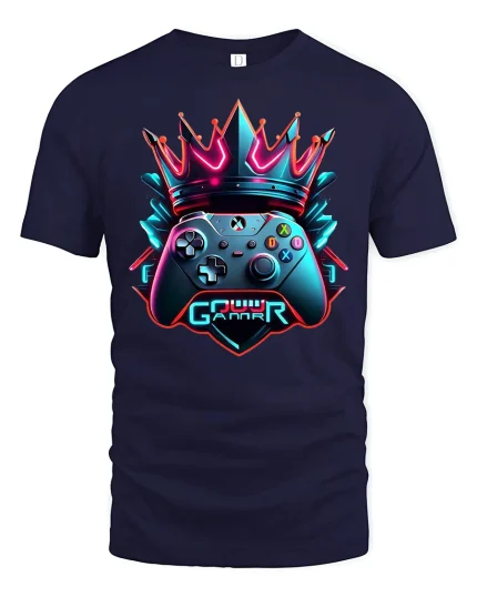 King Gamer T-Shirt - Neon Crown Controller Power Tee - navy t-shirt on white background