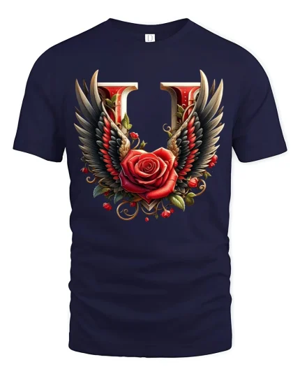 Winged Rose T-Shirt - Gothic Floral Art Heart Design - navy t-shirt on white background