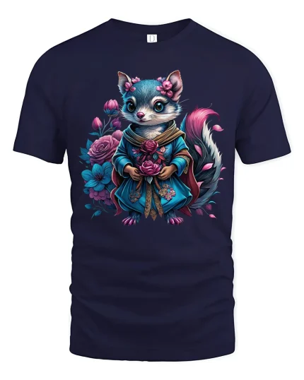 Floral Fox T-Shirt - Cute Fantasy Animal Art Tee - navy t-shirt on white background
