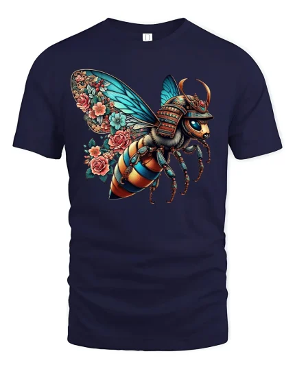 Samurai Bee T-Shirt - Floral Warrior Armor Art Tee - navy t-shirt on white background