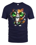 Steampunk Cat T-Shirt - Cute Green Goggles Kitty Tee - navy t-shirt on white background