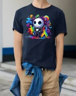 Autism Awareness T-Shirt - Colorful Puzzle Ribbon Art - model wearing navy tee with hands in pockets