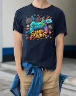 Game Over T-Shirt - Retro Gamer Controller Graphic Tee - model wearing navy tee with hands in pockets