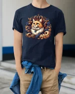 Royal Cat T-Shirt - Elegant King Kitty Crowned Design - model wearing navy tee with hands in pockets