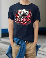 Lucky Aces T-Shirt - Casino Poker Dice Fire Design - model wearing navy tee with hands in pockets