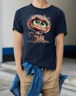 Cute Big-Eyed Monkey T-Shirt - Funny Curious Animal Tee - model wearing navy tee with hands in pockets