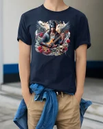 Anime Rock Angel T-Shirt - Guitar Hero Street Style - model wearing navy tee with hands in pockets