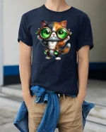 Steampunk Cat T-Shirt - Cute Green Goggles Kitty Tee - model wearing navy tee with hands in pockets