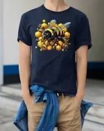 Honey Bee T-Shirt - Vibrant Hive Worker Bee Art Tee - model wearing navy tee with hands in pockets