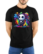 Autism Awareness T-Shirt - Colorful Puzzle Ribbon Art - model wearing black tee with hands behind back