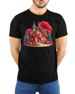 Autumn Cottage T-Shirt - Cozy Fall House Fantasy Tee - black t-shirt in nature background wearing by model