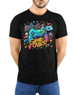 Game Over T-Shirt - Retro Gamer Controller Graphic Tee - model wearing black tee with hands behind back