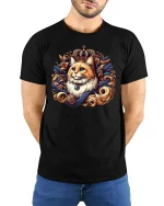 Royal Cat T-Shirt - Elegant King Kitty Crowned Design - model wearing black tee with hands behind back