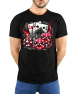 Lucky Aces T-Shirt - Casino Poker Dice Fire Design - model wearing black tee with hands behind back