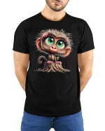Cute Big-Eyed Monkey T-Shirt - Funny Curious Animal Tee - model wearing black tee with hands behind back
