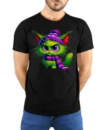 Grumpy Winter Cat T-Shirt - Funny Furry Chill Vibes - model wearing black tee with hands behind back