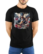 Anime Rock Angel T-Shirt - Guitar Hero Street Style - model wearing black tee with hands behind back