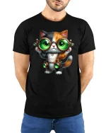 Steampunk Cat T-Shirt - Cute Green Goggles Kitty Tee - model wearing black tee with hands behind back