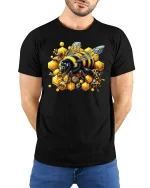 Honey Bee T-Shirt - Vibrant Hive Worker Bee Art Tee - model wearing black tee with hands behind back