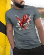 Majestic Red Eagle T-Shirt - Bold Freedom Spirit Tee - model wearing grey tee, leaning on column